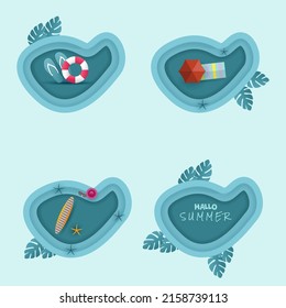 Spring summer autumn composition with colorful leaves inscribed in paper cut layered spot. Bright colorful seasonal design in papercraft style layered art on a white background. Papercut vector