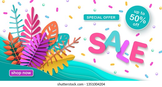 Spring, summer and autumn sale, bright advertising banner with colorful leaves, layered texture in the style of paper cutting, volumetric text, horizontal background, vector illustration