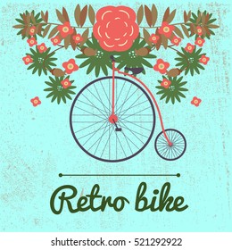 Spring summer autumn vector illustration of retro Bicycle on a big wheel surrounded by flowers