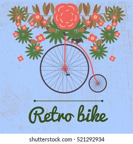 Spring summer autumn vector illustration of retro Bicycle on a big wheel surrounded by flowers