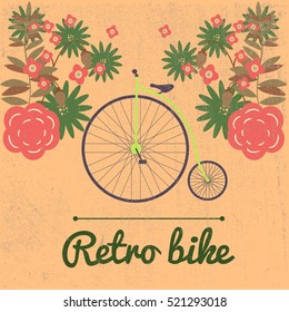Spring summer autumn vector illustration of retro Bicycle on a big wheel surrounded by flowers