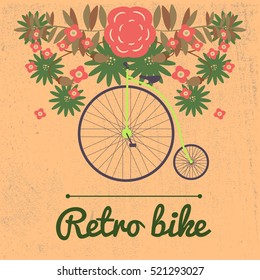Spring summer autumn vector illustration of retro Bicycle on a big wheel surrounded by flowers