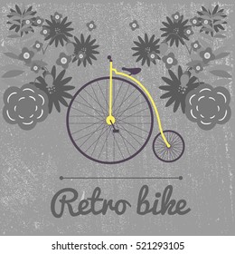 Spring summer autumn vector illustration of retro Bicycle on a big wheel surrounded by flowers