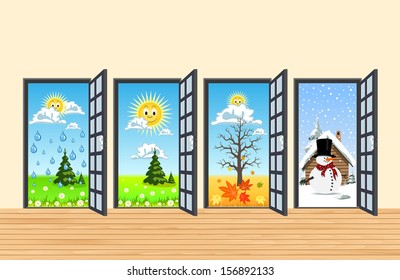 Spring Summer Autumn Winter four doors in corridor