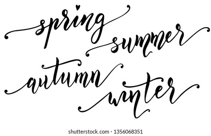 Spring, summer, autumn, winter hand drawn vector lettering design. Brush lettering for seasonal design.