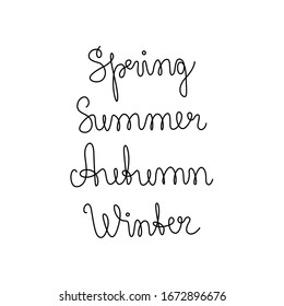 Spring Summer Autumn Winter hand lettering. Сontinuous line drawing. Handmade vector calligraphy collection. Four seasons set. Isolated vector illustration.