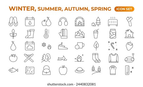 Spring, summer, autumn, and winter icon set. Weather icons. Weather forecast icon set. Clouds logo. Weather, clouds, sunny day, moon, snowflakes, wind, sun day. Outline icon collection.