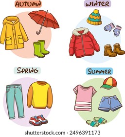 Spring, summer, autumn, winter season clothes set. Collection for clothing outfit stickers. Flat style. Vector illustration