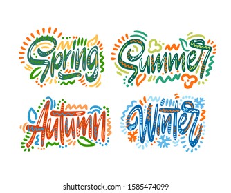 Spring, summer, autumn, winter. Seasons. Hand Lettering word. Handwritten modern brush typography sign. Greetings for icon, logo, badge, cards, poster, banner, tag. Colorful Vector illustration
