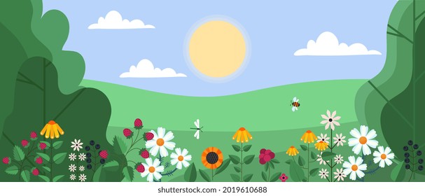 Spring and summer background. Beautiful landscape with trees, leaves, flowers and insects. Horizontal postcard, banner or poster. Cartoon modern flat vector illustration in trendy simple style