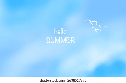 Spring, summer background. Blue sky, clouds, birds. Watercolor texture.