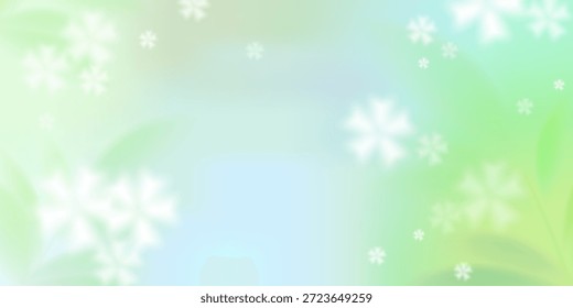 Spring or summer background with blurred green leaves and white flowers. Soft green gradient and turquoise pastel tones. Abstract leaf blur effect, nature background. Vector plant illustration