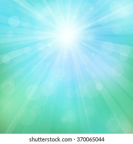 Spring or summer background with bokeh lights. Abstract illustration with sun beams and defocused lights. Sunny natural background. Blurred soft backdrop. Vector illustration. EPS10