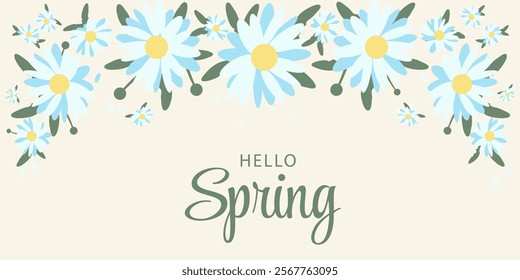 Spring, Summer Background with Chamomile in Flat Style. Template is suitable for Banner, Weddings, Birthday, Invitations, Mother's and Women's Day, March 8, Easter, Web Covers, Presentations, Sale.