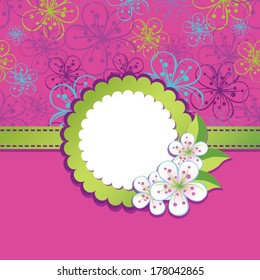 Spring or summer background. Cherry Flowers or Apple  Flowers,Spring Design template.Pink background.Round Label with flowers.Use as template, screensaver, cover, background. Vector illustration