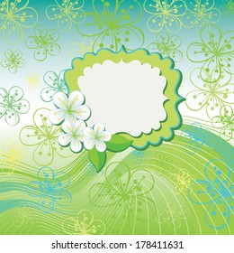 Spring or summer background. Cherry Flowers or Apple Flowers in abstract background .Cool colors.Label with flowers.Use as template, screensaver, cover, artwork, background.Vector illustration