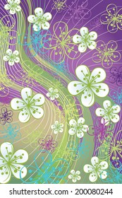 Spring or summer background. Cherry Flowers in abstract background of lines.Cool pastel colors.Use as design template,holiday background,wedding invitation.Vector illustration