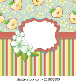 Spring or summer background. Cherry Flowers , Apple ,strips.Design template.Label with flowers.Use as template,cover,background,baby design.Vector illustration