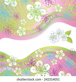 Spring or summer background. Cherry Flowers , lines in top,border .Soft colours. .Vector illustration.For wedding,easter,Valentin,motherday,holiday,birthday,invitation