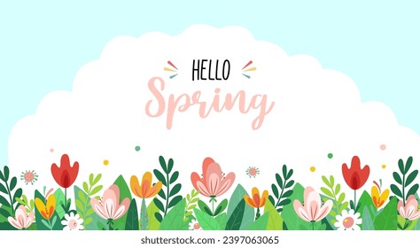 Spring or summer background with colorful green leaves and flowers on a white background. Spring vector flat template for banner, flyer, wallpaper, brochure, greeting card. Cartoon vector illustration