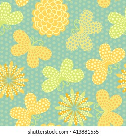 Spring summer background with flowers and  butterflies. Vector seamless pattern.