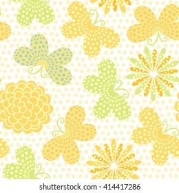Spring summer background with flowers and  butterflies. Vector seamless pattern.