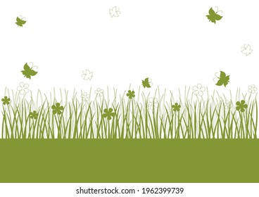 Spring summer background with green grass border, flowers, butterflies and place for text for natural design