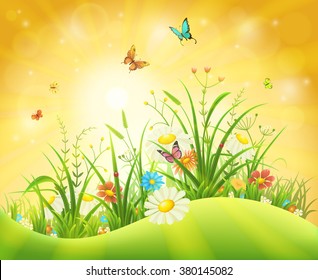 Spring or summer background with green grass, flowers and butterflies