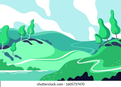 Spring and summer background. Landscape with hills, plants, roads and a lake. Vector illustration for advertising, websites and print media.