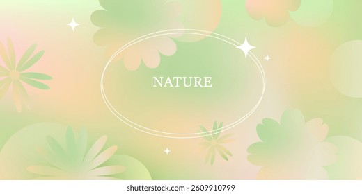 Spring, summer background. Natural green, peach, beige gradient background. Abstract field, grass, geometric  flowers. Soft vector mesh gradient.