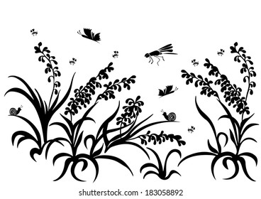 Spring, summer background.  Silhouette of grass, flowers, insect isolated on white background