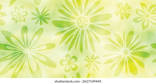 Spring, summer background, soft tones, painted flowers and grass, seamless pattern, vector design