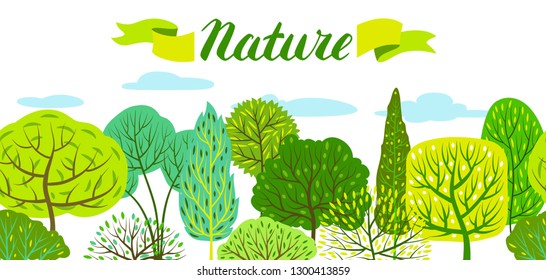 Spring or summer background with stylized trees. Natural illustration.