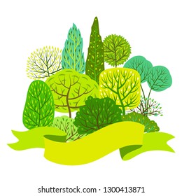 Spring or summer background with stylized trees. Natural illustration.