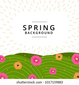 Spring summer background template with grass and flowers for banner, design, card, flyer.