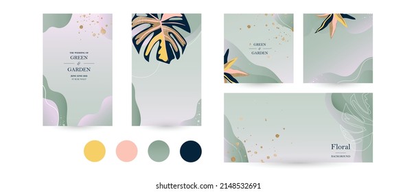 Spring Summer Background Template For Instagram Social Media Post, Facebook Cover. Abstract Green Gold Luxury Layout For Woman Beauty, Jewelry, Spa, Wedding. Aesthetic Vector Hand Drawn Illustration