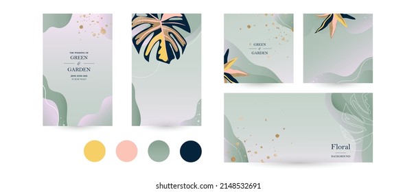 spring summer background template for Instagram social media post, Facebook cover. abstract green gold luxury layout for woman beauty, jewelry, spa, wedding. aesthetic vector hand drawn illustration