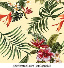 Spring Summer Background With Tropical Flowers, Summer colorful Hawaiian seamless pattern with tropical plants and hibiscus flowers, palm leaves, jungle leaf, hibiscus, bird of paradise flower.