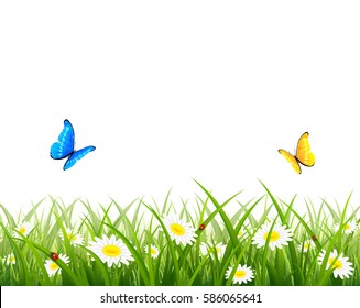 Spring or summer background, two butterflies flying above the grass with flowers and ladybugs, illustration.