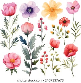 Spring and summer Background: watercolor leaves and flowers