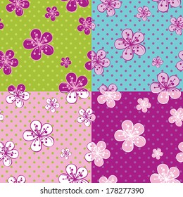 Spring or summer background.Cherry Flowers or Apple Flowers,Polka dot in Seamless pattern,ornament.For the wallpapers, background, textiles, packaging paper.Vector illustration.