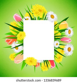 Spring or summer banner background template with beautiful realistic flowers. Vector illustration.