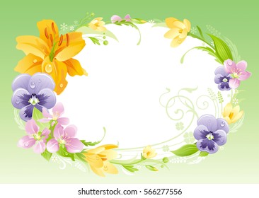 Spring  summer banner. Easter, Mothers day, Birthday, Anniversary, Wedding invitation. Flower frame lily, pansy, leaves. Isolated wreath. Nature border, background vector illustration. Greeting card