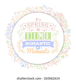 Spring or summer banner with flower patterns and ornaments with space for text.  Vintage typography lettering spring design. Floral decorations, leaves, flower ornaments. Vector illustration. 
