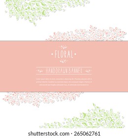 Spring or summer banner with flower patterns and ornaments with space for text. Floral decorations, leaves, flower ornaments. Vector illustration.