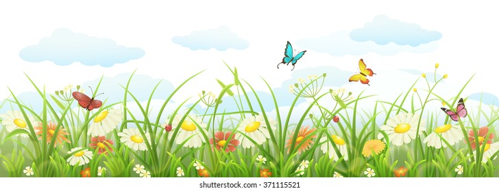 Spring summer banner with green grass, flowers and butterflies