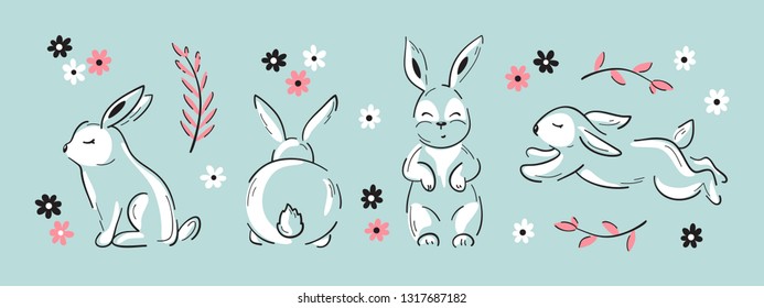 Banner de primavera o verano con pequeños conejos y elementos florales. Juego de Pascua con conejitos. Ilustración de vectores de arte en línea de conejitos, hojas y flores