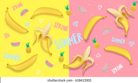 Spring Summer banner, poster in trendy 80s-90s Memphis style. Trendy texture. Banana vector illustration, lettering and colorful design for poster, card, invitation. Easy editable for Your design.