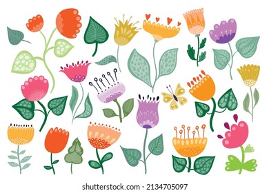Spring summer blooming floral collection, variety of colorful flowers, decorative folk style, isolated on white