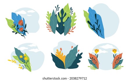 Flores y follaje florecientes de primavera o verano, ornamentos aislados y adorno botánica tropical y exótica. Diseño de tarjetas de felicitación o de invitación con motivos de ramo de hojas. Vector de estilo plano